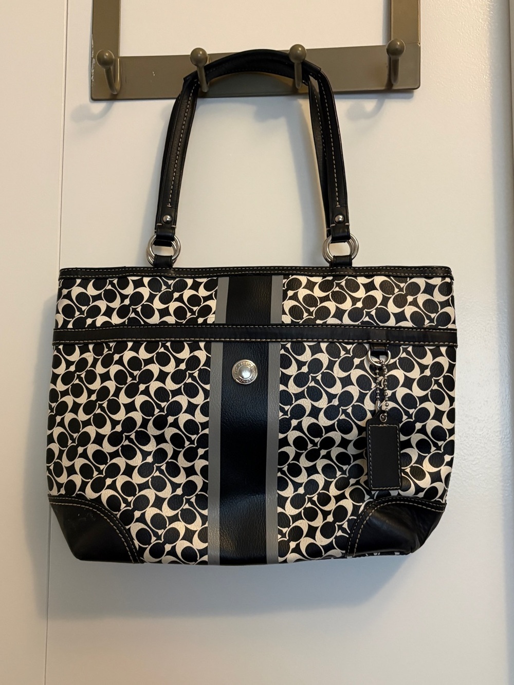 Coach Black & White Signature Stripe Tote vintage
